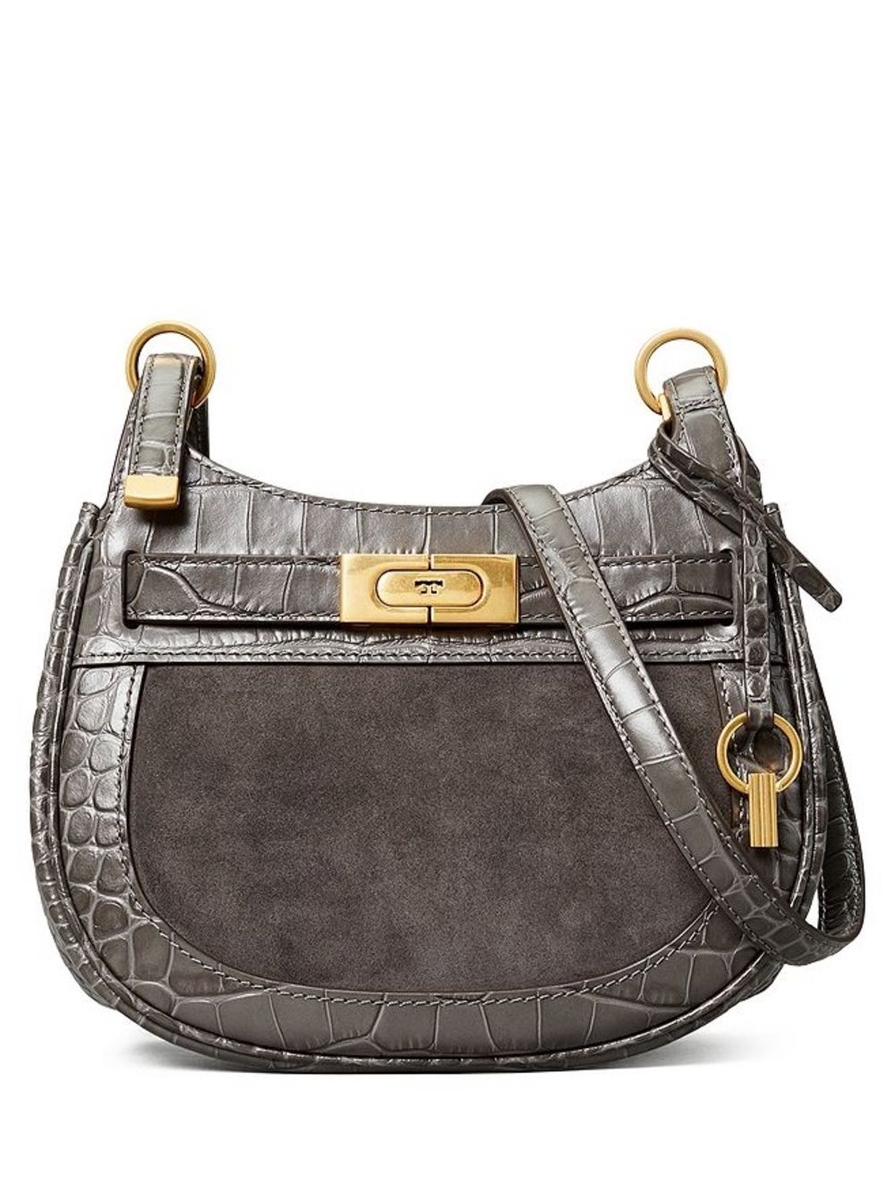 Tory Burch Lee Radziwell Gray Suede & Croc-Embossed Leather Crossbody Bag